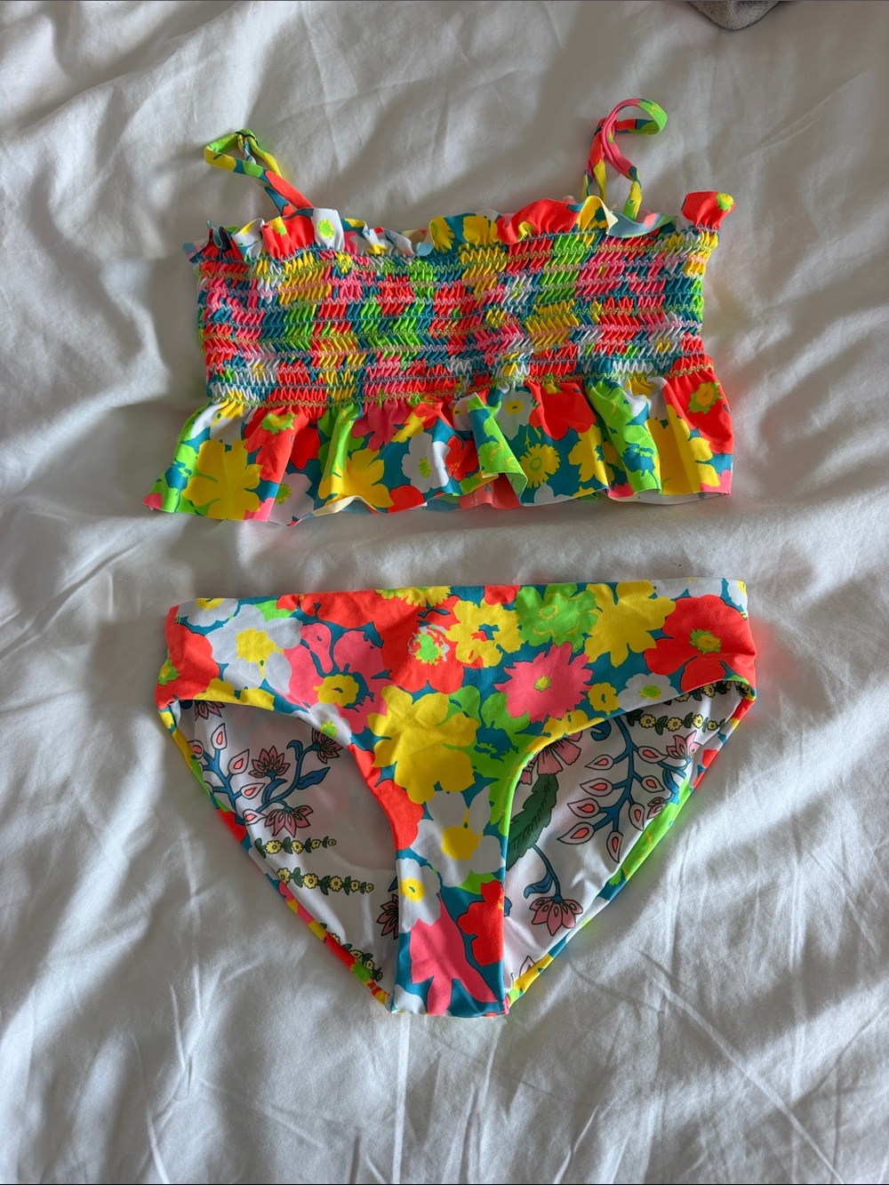 Maaji Girls' Neon Floral Ruffle Smocked Tankini Swimsuit. Never Worn.